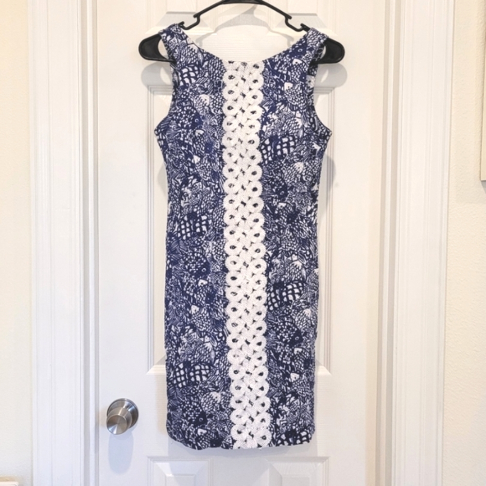 Lily Pulitzer Upstream Blue Fish mod mini sheath crochet Lace overlay Cotton Sz2